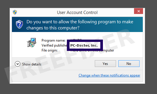 Screenshot where PC-Doctor, Inc. appears as the verified publisher in the UAC dialog